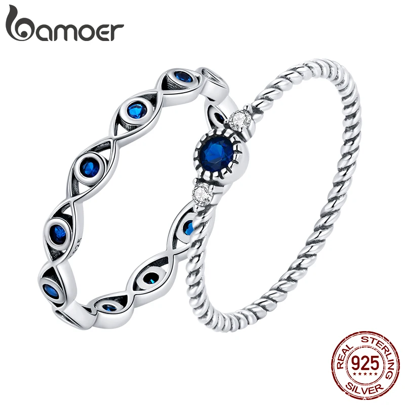 bamoer Blue Zircon Finger Rings for Women 925 Sterling Silver Retro Engagement Wedding Jewelry Fashion Accessories SCR693