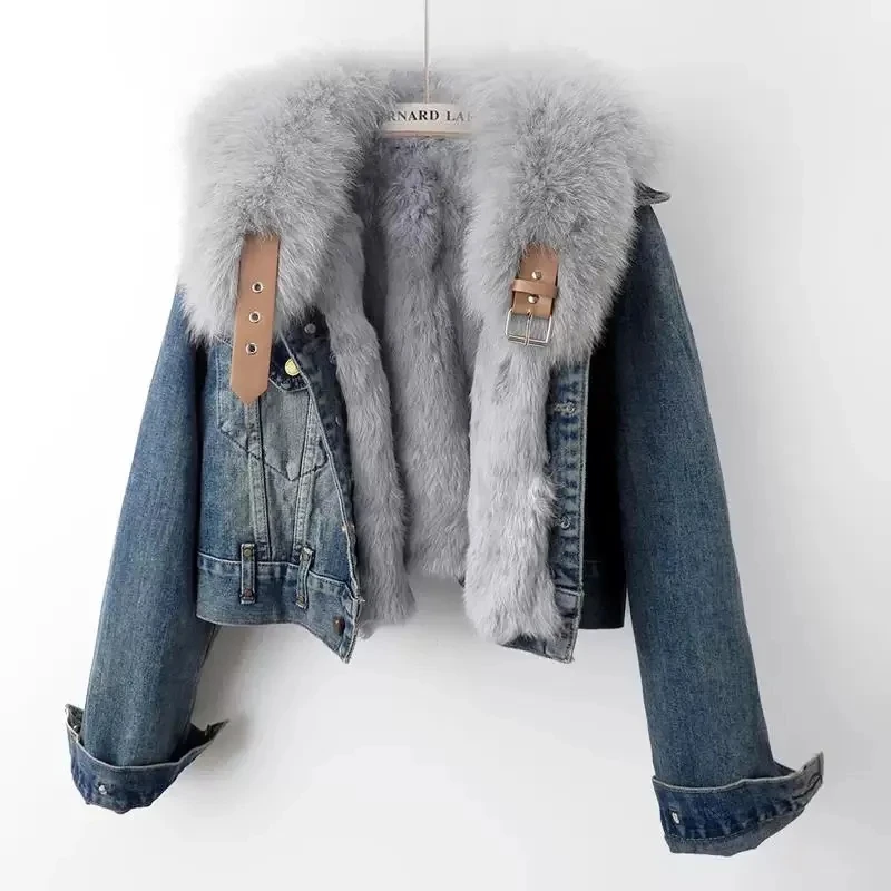 

2025 Winter New Faux Fox Fur Detachable Plush Liner Short Denim Padded Jacket Women Loose Vintage Jeans Cotton Coat Female B625