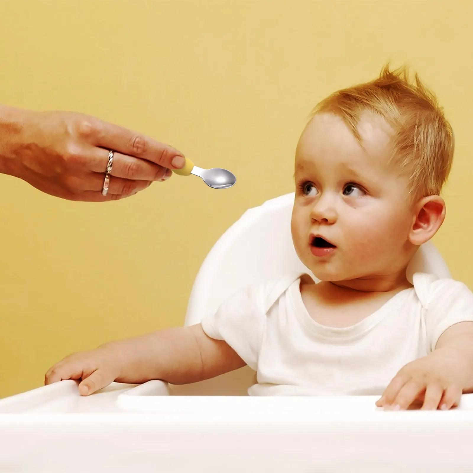 

1 Pair Children Training Tableware Stainless Steel Short Handle Fork Spoon Baby Utensil Soft Silicone Heat Resistant Baby