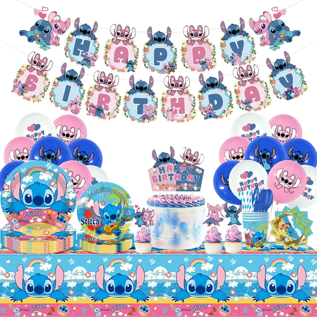 

Cute Lilo Stitch series Birthday Party dinnerware Disposable Banner Cake Topper Hanging Flag Stitch Balloons Birthday Decoration