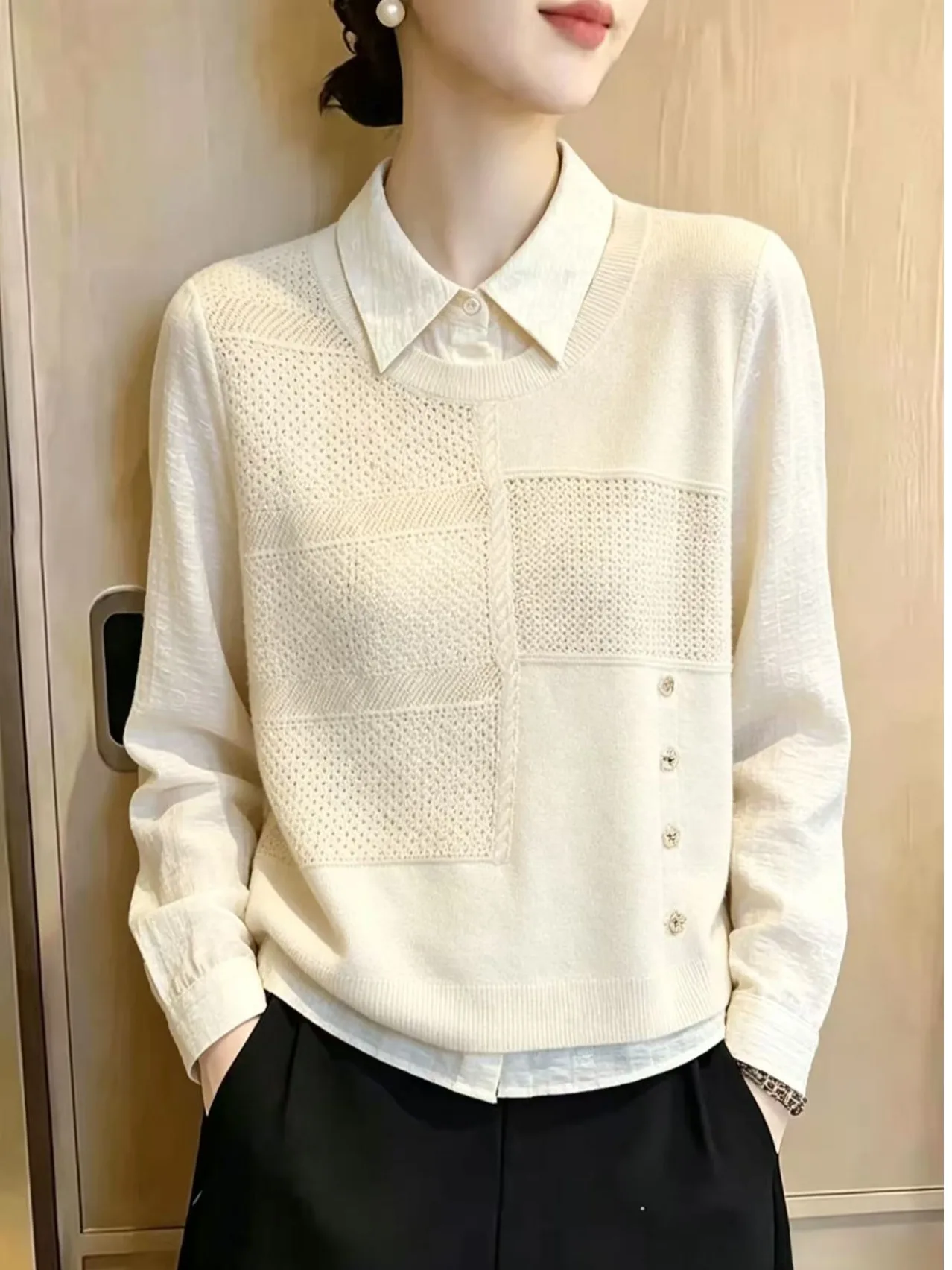 Early Autumn 2026 Hollow out Knitted Shirt Panel Loose Long Sleeve Women's Casual Top Fake Two-Piece Style Floral Pattern