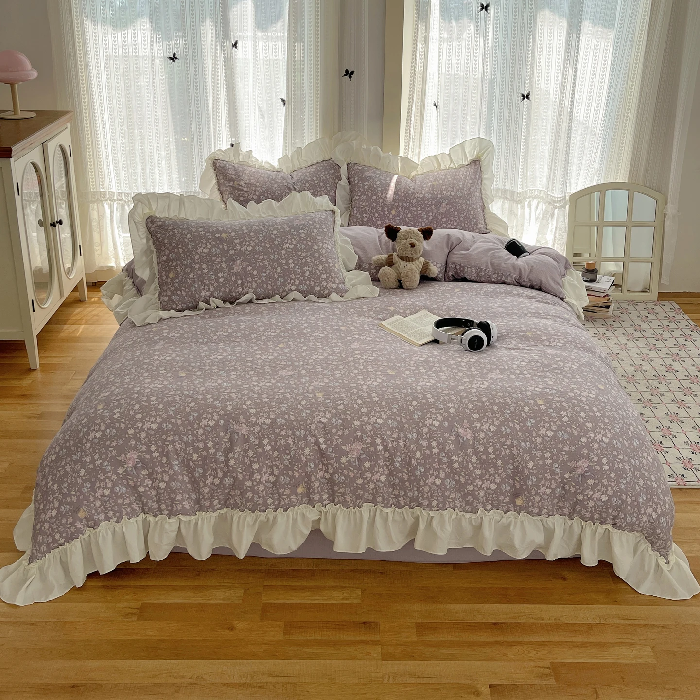 3/4Pcs Korean Princess Style Floral Ruffles Bedding Set Washed Cotton Single Full Queen Size Duvet Cover Bed Sheet Pillowcases