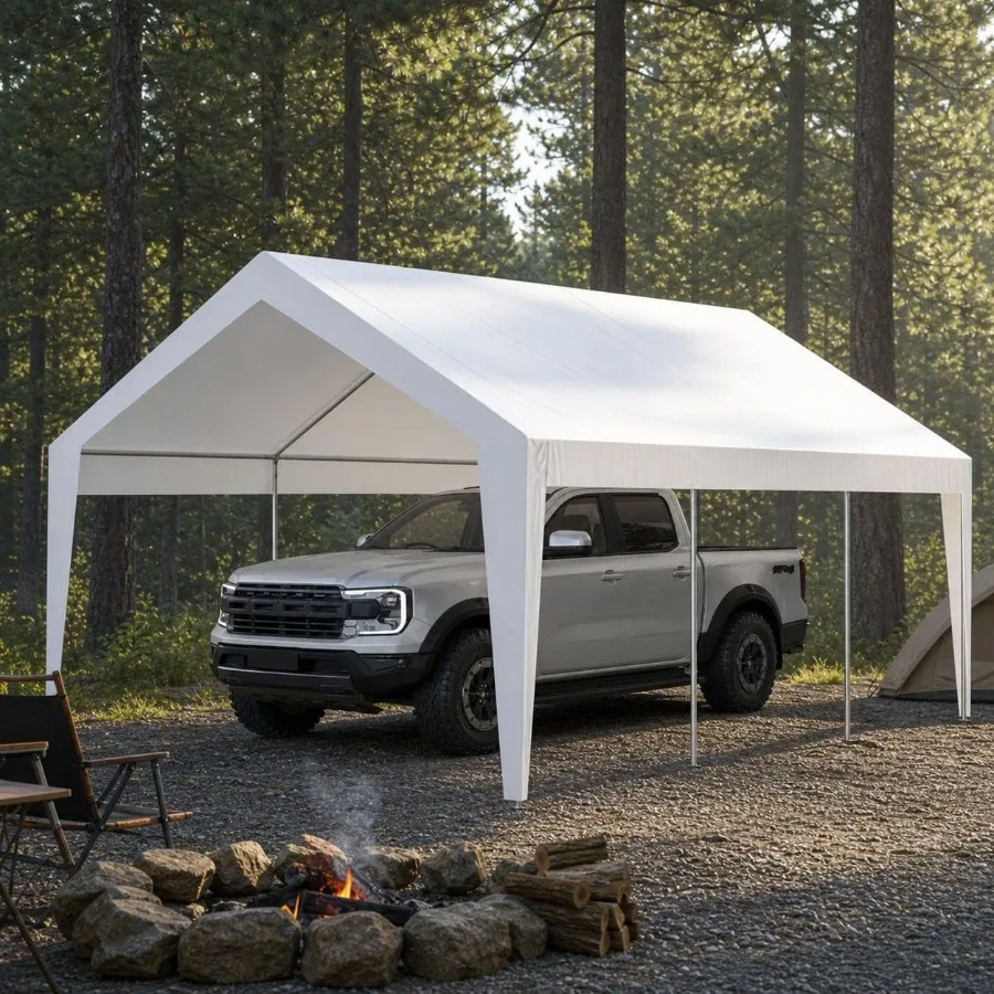 Outdoor Carport 10x20 Ft, Galvanized Steel Frame, White, Heavy Duty Portable Garage with 3-Layer UV-Resistant Water-Resistant P