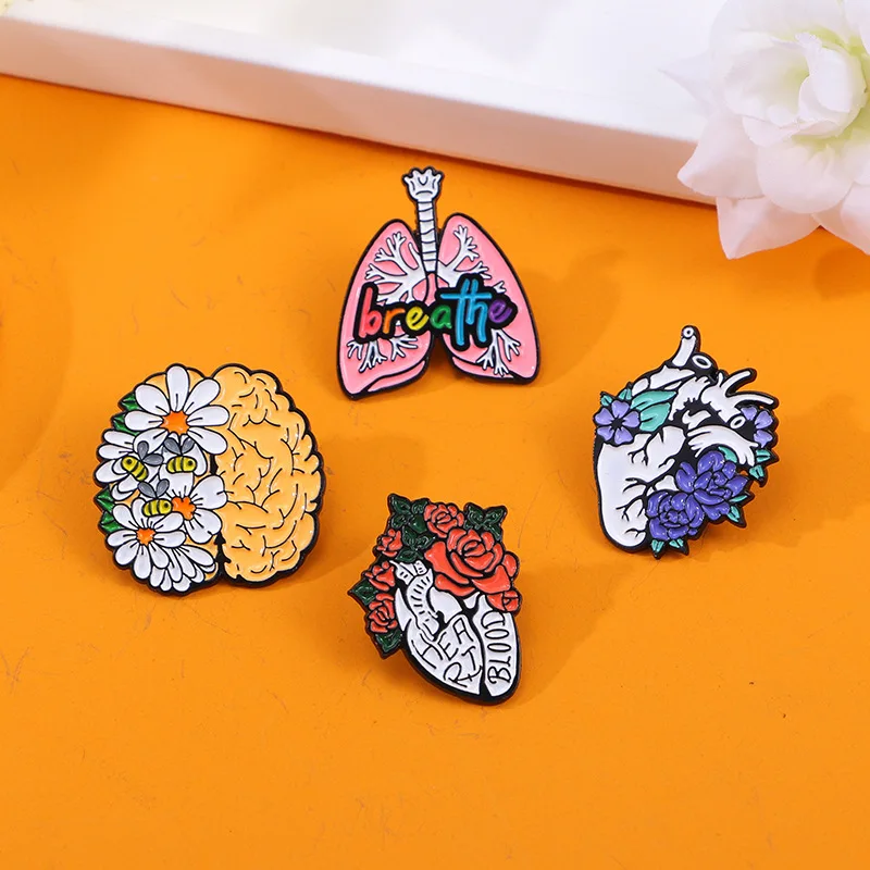 Creative Cartoon Flower Heart Enamel Pins Breathe The Lung Uterus Brain Planet Brooch Badge Trendy Charm Lapel Jewelry Gift