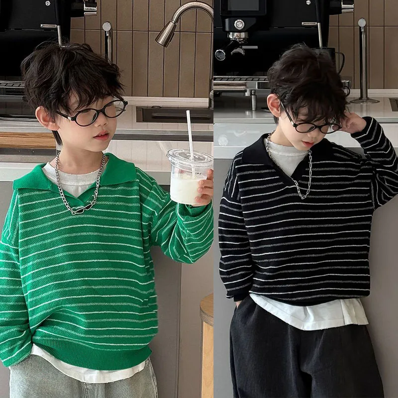 

Зелено-черная одежда для мальчиков-подростков, детский свитшот с длинными рукавами, топы «Снова в школу», вязаный пуловер, рубашки, толстовка с капюшоном для маленьких мальчиков