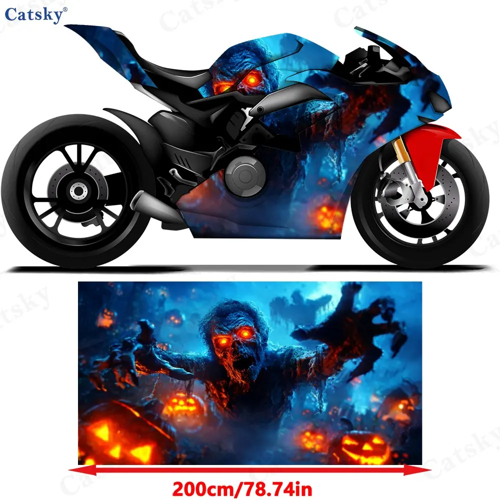 Pumpkin Lanterns And Terrifying Skeletons Motorcycle Sticker, Detachable Sticker, Universal For Motorcycles, Durable And Scratch