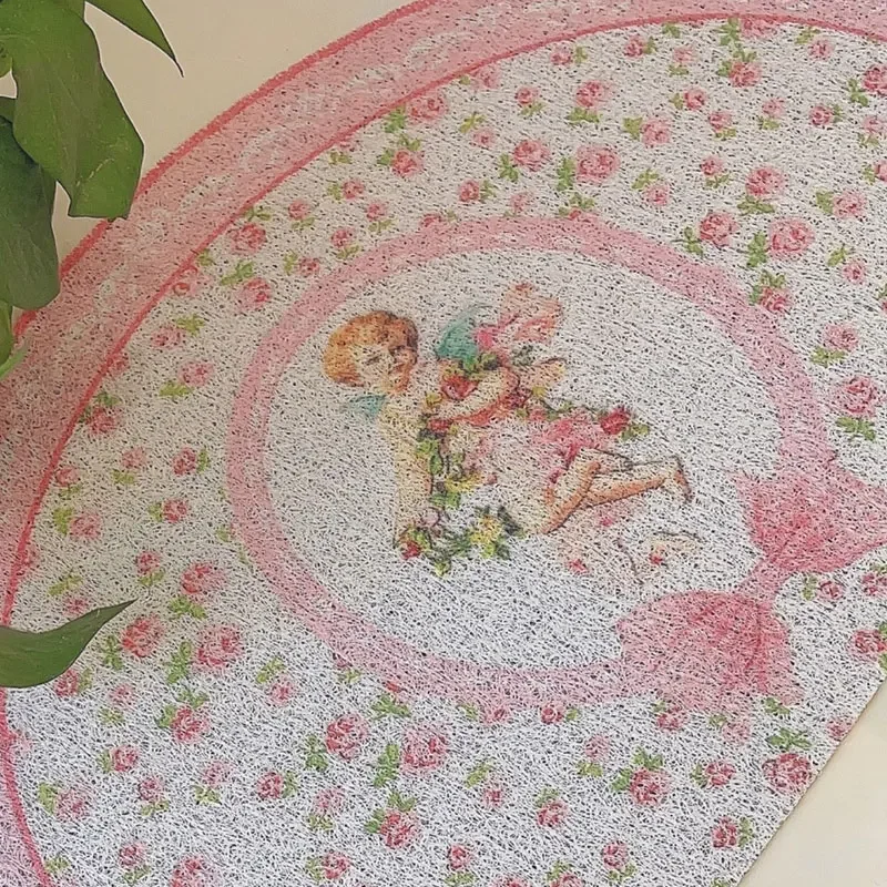 Home Doormat European Retro Pink Dust Removal Foot Mat Non-slip Semicircle Small Rug Angel Rose Print French Home Doormats