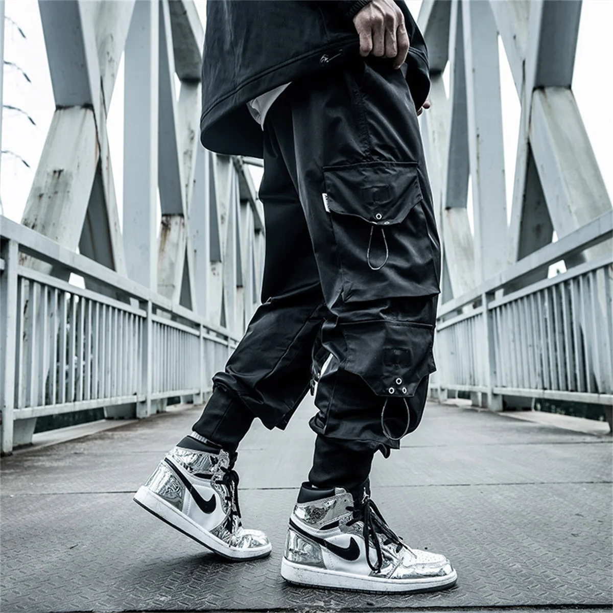 Punk Men Black Cool Cargo Pants Pockets Gray Loose Out Door Elasticity Sports Oversize Kpop High Street Korean Pants Streetwear