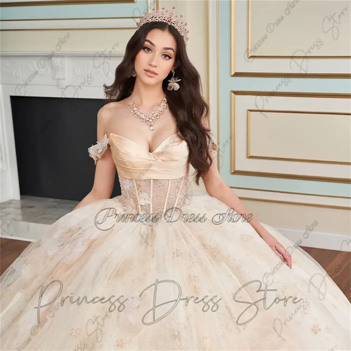 Abito da ballo principessa Abiti stile Quinceanera Fiocco con spalle scoperte Applicazioni di perline Paillettes Personalizzato Abito dolce 16 Abiti da 15 anni