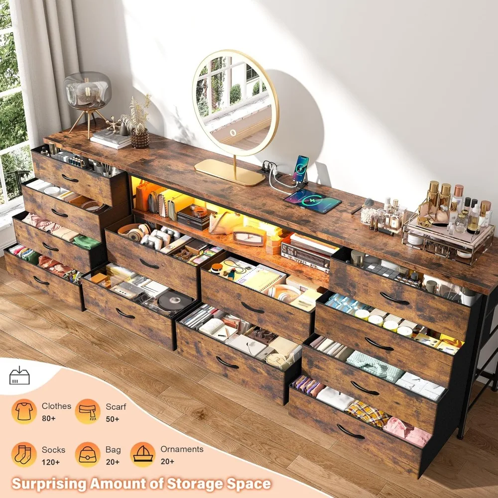 Large prise de courant éclairée par LED, meuble TV de 65 à 70 pouces avec commode en tissu pour chambre à coucher