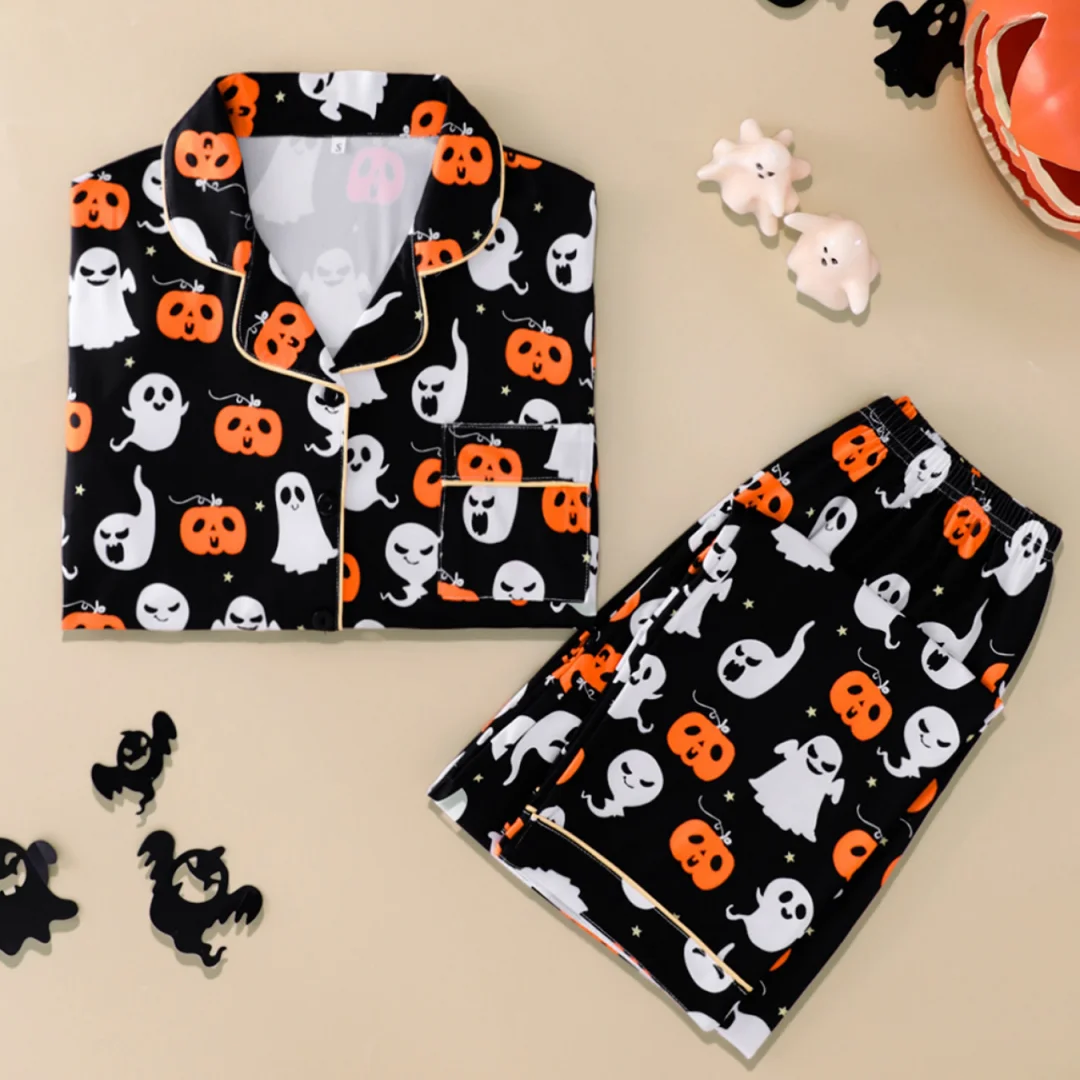 

Пижама на тему Хэллоуина с черным принтом тыквы и призрака, брюки с длинными рукавами, весенне-осенний комплект домашней одежды для женщин
