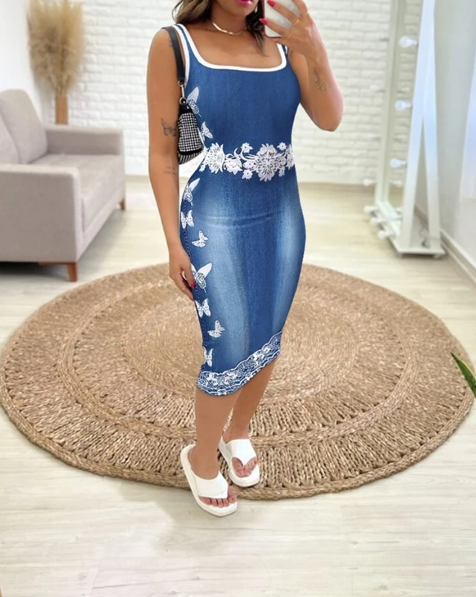 Women's Style Dress 2024 Spring/summer Latest Casual Commuting Floral Butterfly Denim Look Print Square Neck Bodycon Long Skirt