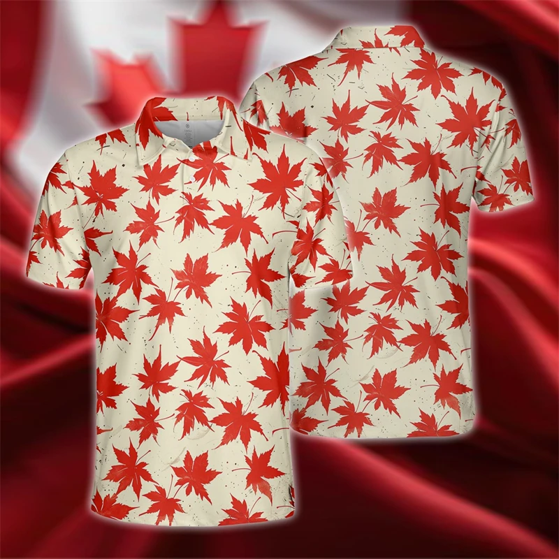 

Canada Day 3D Printed Polo Shirts For Men Clothes Canadian Flag Maple Leaf Lapel POLO Shirt Boy Patriotic Button Tops Boy Tee