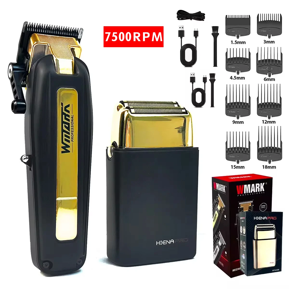 WMARK High Power Professional Barber 2PC Set 8000rpm Shaver Salon 7500rpm Hair Clipper DLC Ceramic Blade Hair Cutting Machine