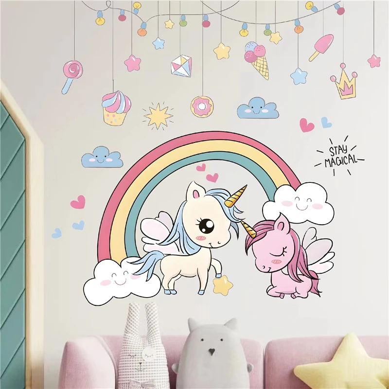 

Loved Unicorn With Rainbow Wall Sticker For Kids Bedroom Decoration Cartoon Animals Mural Art Diy Home Decals Girls Poster