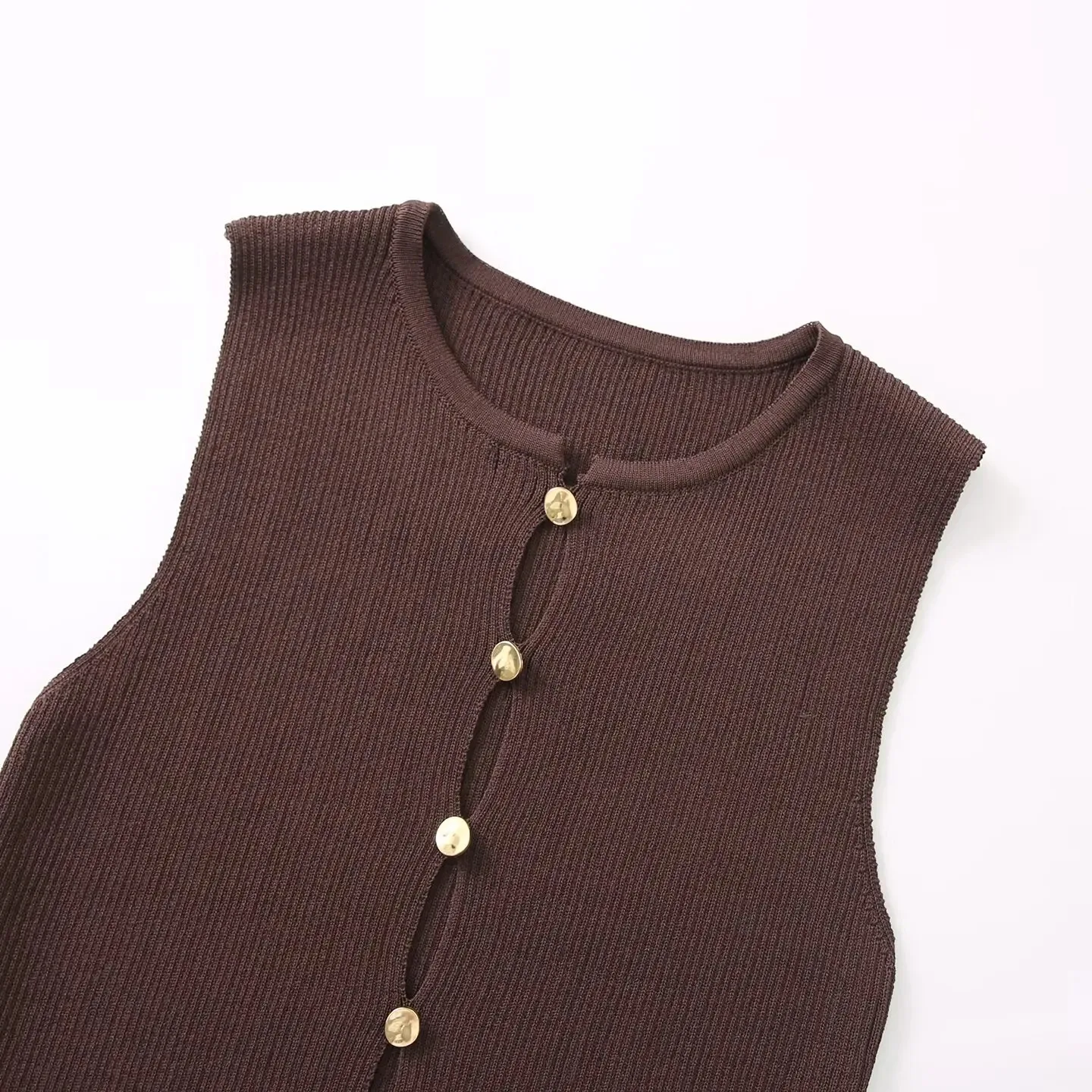 เสื้อกั๊กถักไหมพรมผู้หญิงแฟชั่นฤดูใบไม้ร่วง คอทรงกลม กระดุมโลหะ ทรงเข้ารูป ดีไซน์โปร่ง สวยสง่า สไตล์ลำลอง