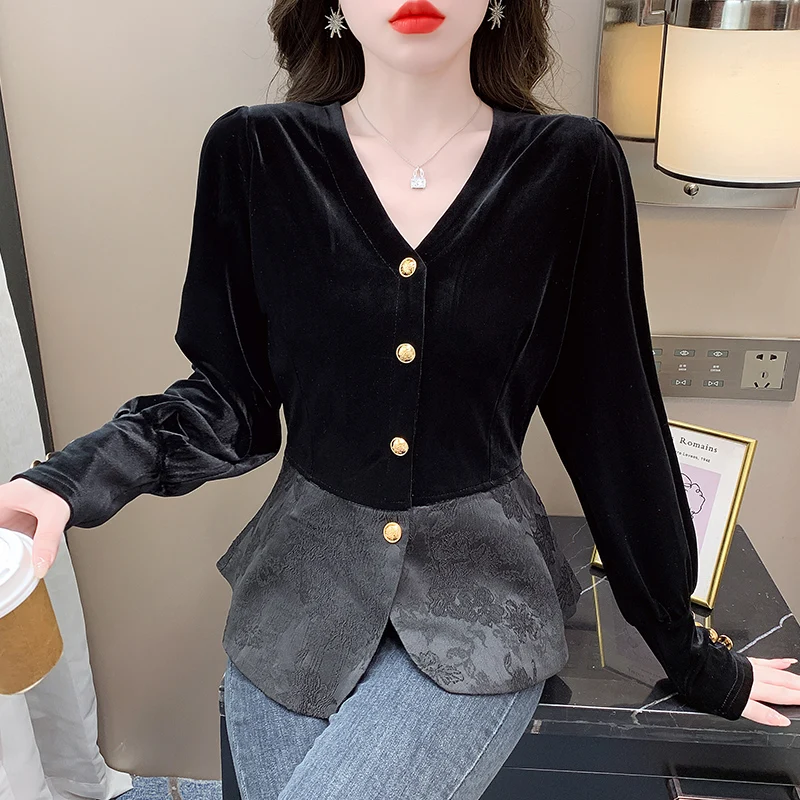 

2024 New Fall Winter Vintage Clothes Velvet Loose T-Shirt Chic Sexy Button Patchwork Women Tops Long Sleeve Outerwear Tees 31202