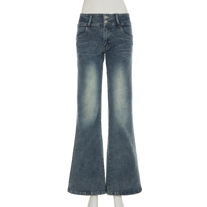 Y2K Retro Jeans Wide Waist Buckle Slim Fit Low Waist Washed Water Slimming Casual Spicy Girl Simple Versatile Pants