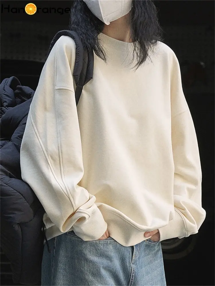 HanOrange 2024 Early Spring Simple Silhouette O-neck Cotton Sweatshirt Women Loose Casual Top Pullover Off White/Dark Grey