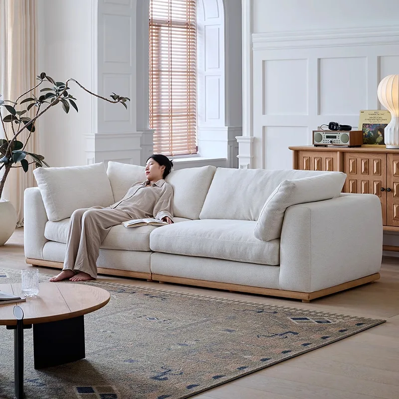 Rhine sofa wabi-sabi wind summer linen sofa straight row log removable washable cotton and linen fabric cream wind down sofa