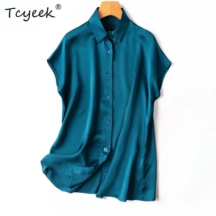 

Женские шикарные рубашки Tcyeek из 100% шелка тутового шелкопряда с отложным воротником и короткими рукавами-летучая мышь, однотонный топ, весна-лето 2023