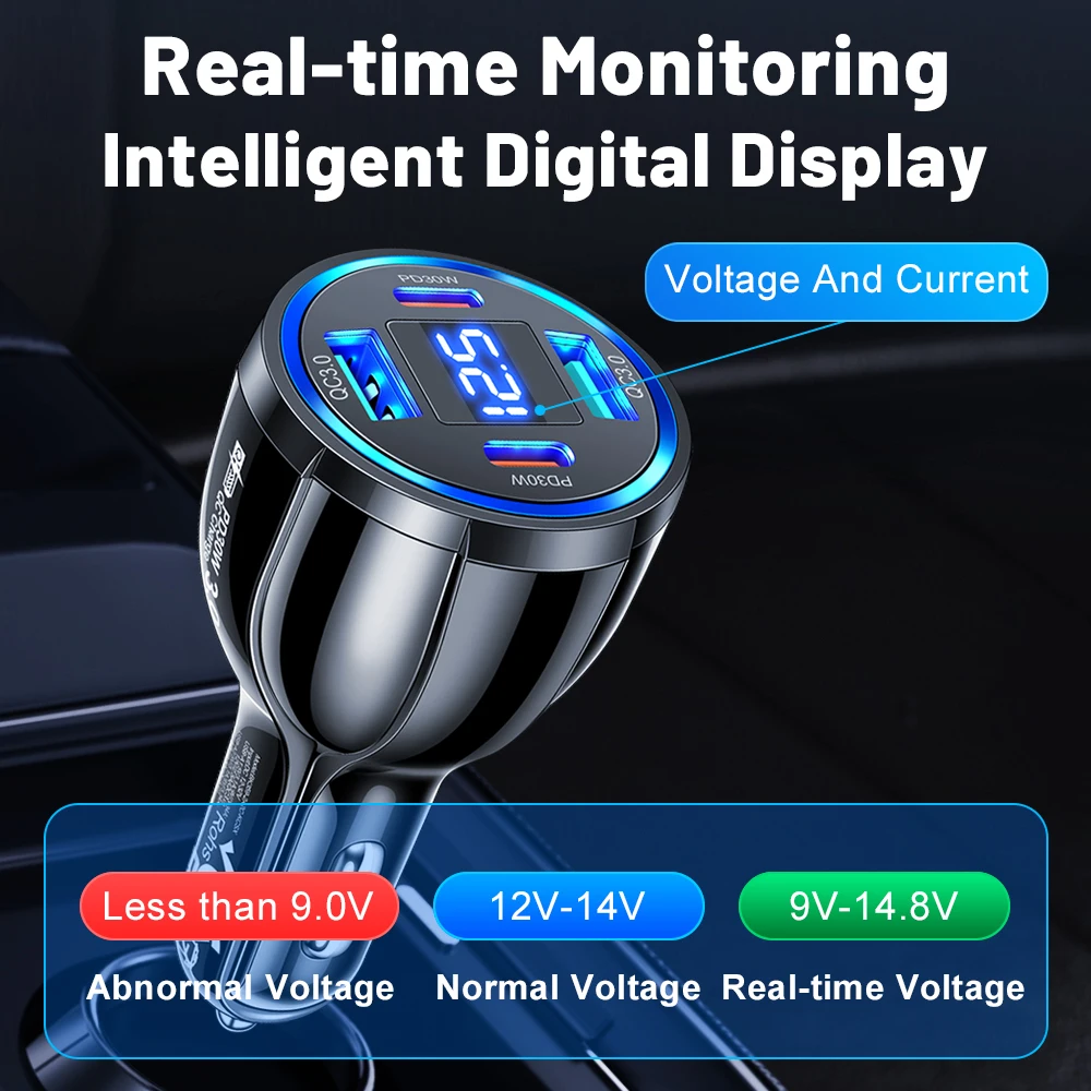 محول شاحن سيارة 12/24 فولت مع الفولتميتر متوافق مع iPhone Android Samsung iPad Pro Dual PD QC3.0 شحن سريع متعدد المنافذ