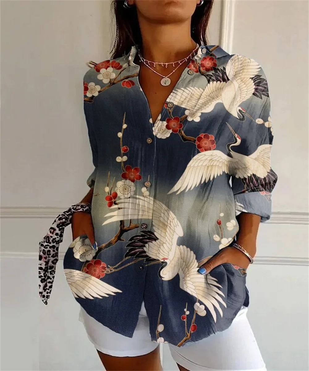 Women's fashion shirt button 3D printed small flower pattern shirt simple casual retro shirt four seasons large size women's clo