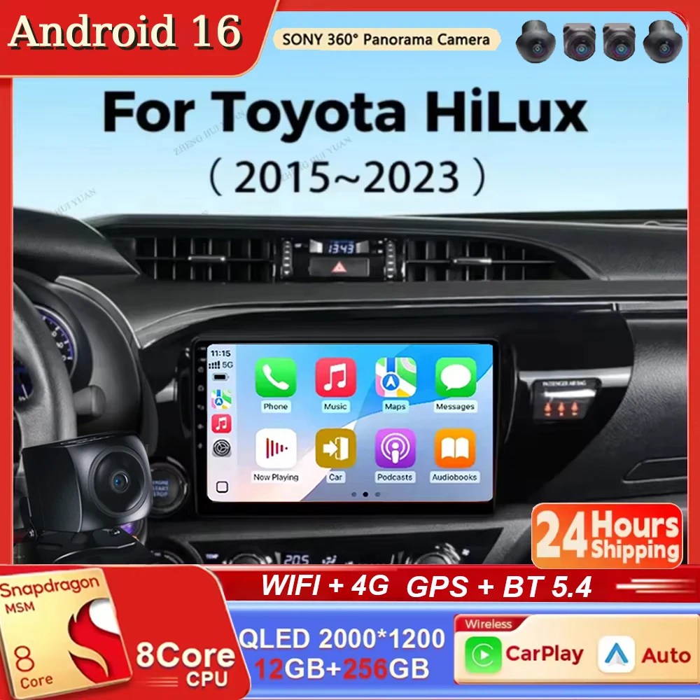 Android 16 Carplay y Auto para Toyota Hilux Pick Up AN120 2015 - 2023 LHD, Radio para Auto, Navegación, Reproductor Multimedia Estéreo, BT, QLED, GPS