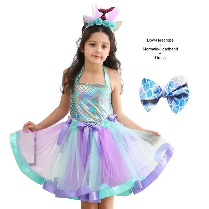 Halloween Costume For Baby Girl TUTU Dress Mermaid Metallic Scales Aqua Kid Up Lace Frock+Headband+Headrope Set Child Tunic