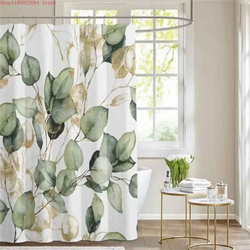 Watercolor Dragonfly Wildflower Eucalyptus Leaf Print Waterproof Fabric Shower Curtain For Bathroom Decor