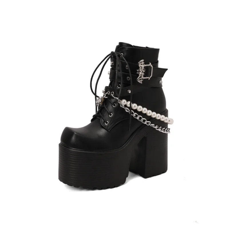 Metal Buckle Pearl Metal chain Lace-up leather ankle Height Increasing Belt buckle design Easy to handle plush inside