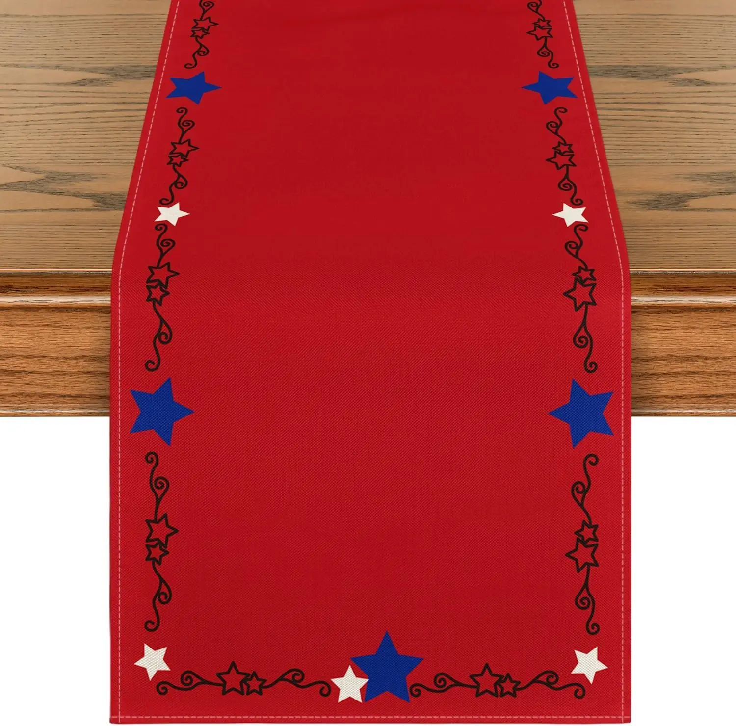 Red Patriotic Stars Border Table Runner, 4th of July Memorial Day Kitchen Dining Table Decor for Home Party Decoration