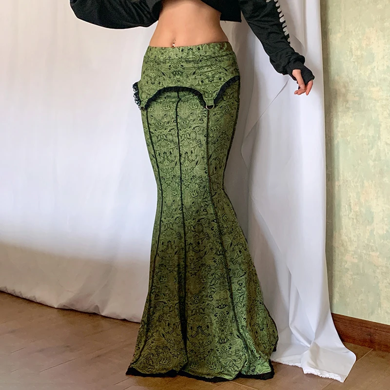 Darlingaga Vintage Fashion Elegant Green Trumpet Long Skirt Graphic Printed Lace Trim Y2K High Waist Skirt Women 2000s Aesthetic