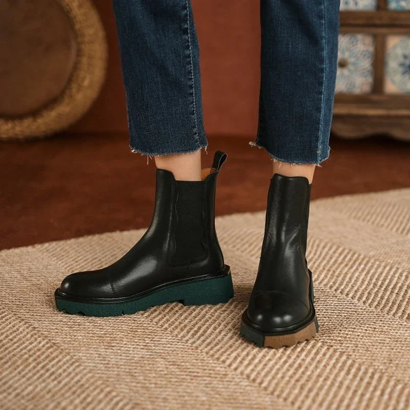 HOT SALE Autumn/Winter Women Boots Roend Toe Chunky Heel Shoes Chelsea Boots Genuine Leather Shoes for Women Flat Women Shoes