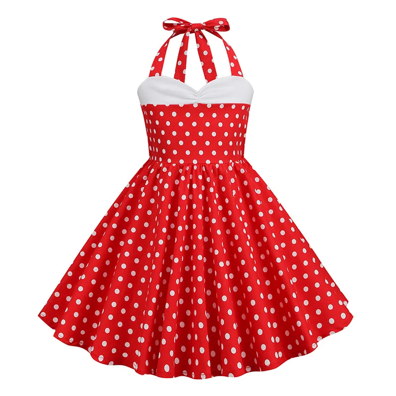 Kids Girls 50s Vintage Polka Dot Swing Party Rockabilly Dress Retro Peter Pan Doll Collar Wedding Casual Skater Dress