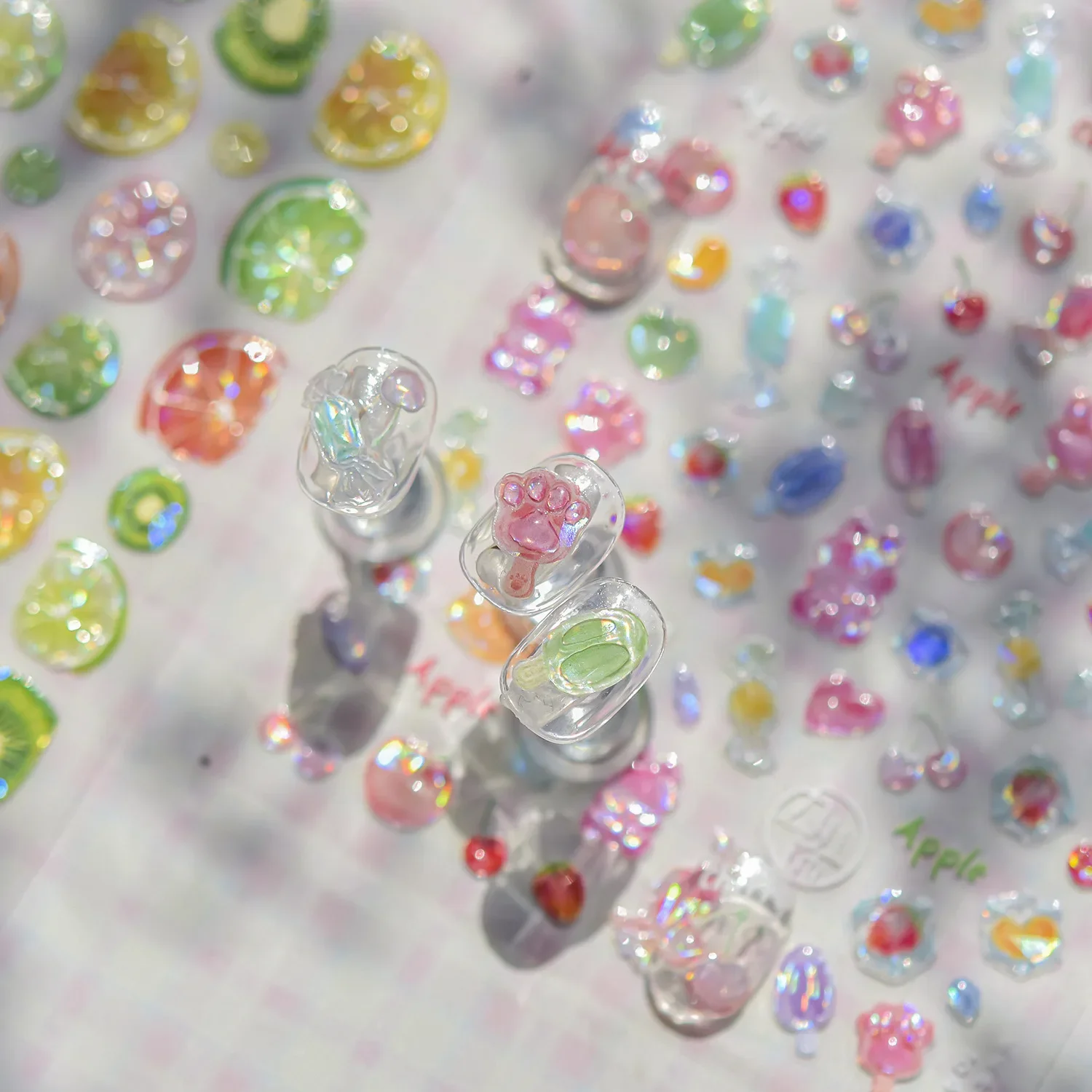 5D Pudding-Gelee-Dessert-Frucht-Kirsch-Rosa-Klauenabdruck-Schleifenknoten-Liebesherz-Sterne-Nagelkunst-Aufkleber, selbstklebende Maniküre-Dekoration – Detail 4
