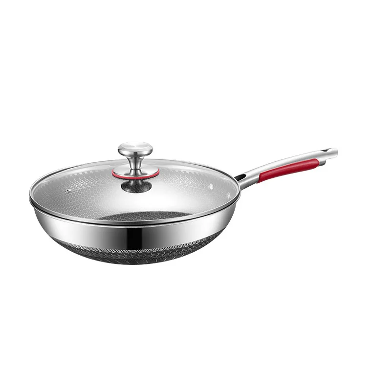 32cm 304 Stainless Steel Double‑Sided Honeycomb Wok Pan, Physical Non‑Stick Flat Bottom Skillet