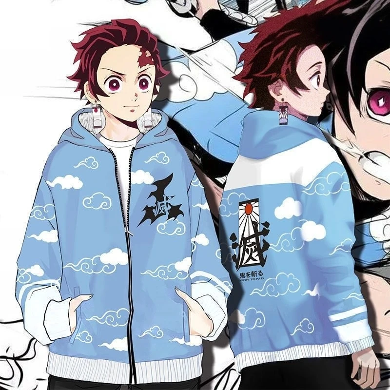 

Толстовка на молнии Demon Slayer — дизайн Tanjiro & Kokushibo, теплая унисекс повседневная аниме для мужчин и женщин, куртка Kimetsu no Yaiba, подарок для фанатов
