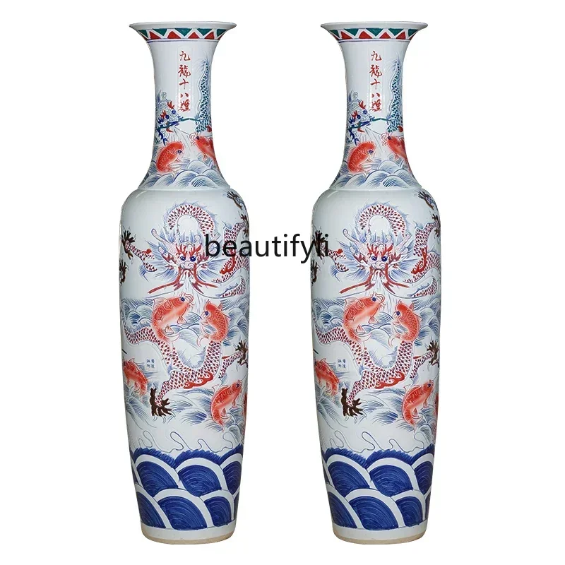 

xxqJingdezhen Ceramic Hand-Painted Floor Vase Paradise Fish of China Porcelain Bottle Living Room Decoration