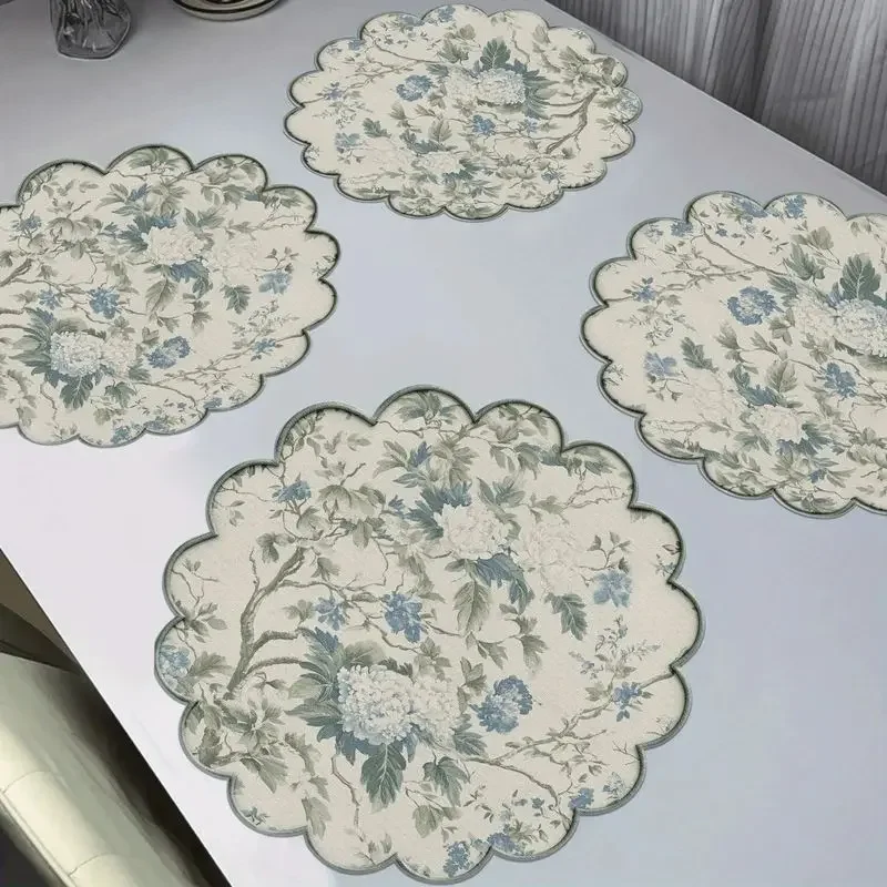 VIKAMA blue hydrangea scallop round placemats heat resistant waterproof washable table mat vintage style decor