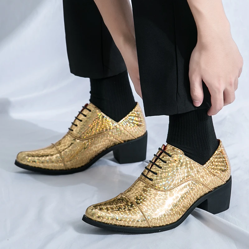 

New Men's Fashion Gold High Heels Nightclub Leather Shoes Autumn Pointed Business Dress Office Men's Shoes Groom Wedding Shoes