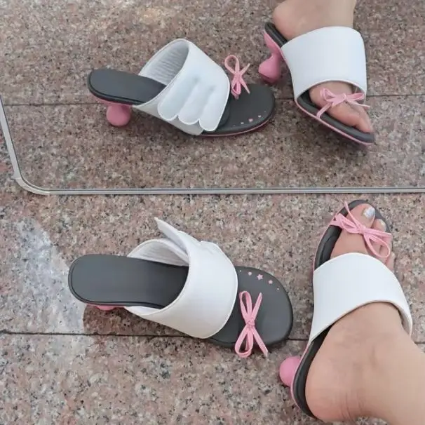 

2026 New Fashion Bow Detail Open-Toe Mules with Unique Ball Heel Women's Cute Summer Hook & Loop Winged High Heel Slippers
