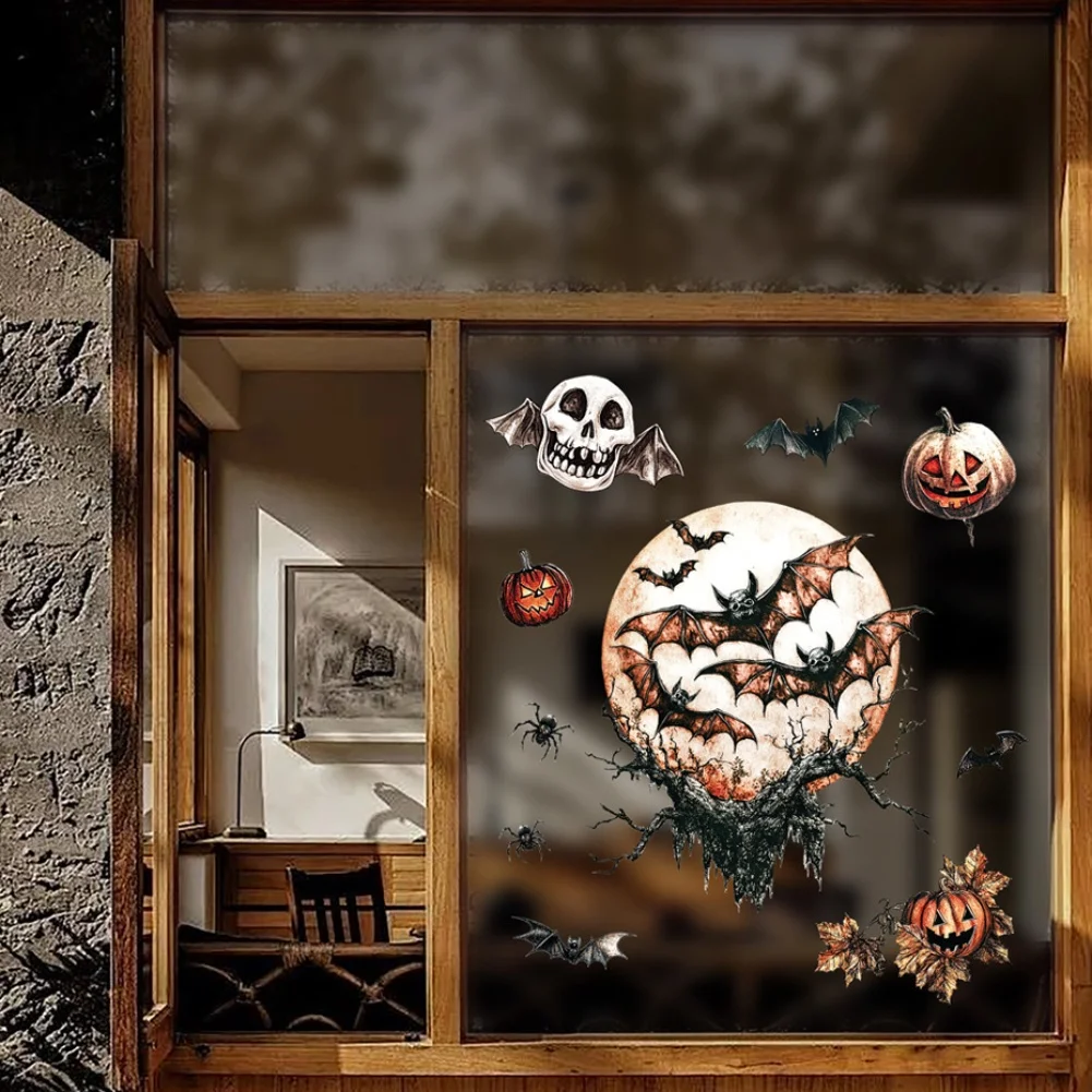 

PVC 9 Sheet Halloween Window Clings with Skeleton and Pumpkin Designs Double Sided for Indoor Outdoor Decoration