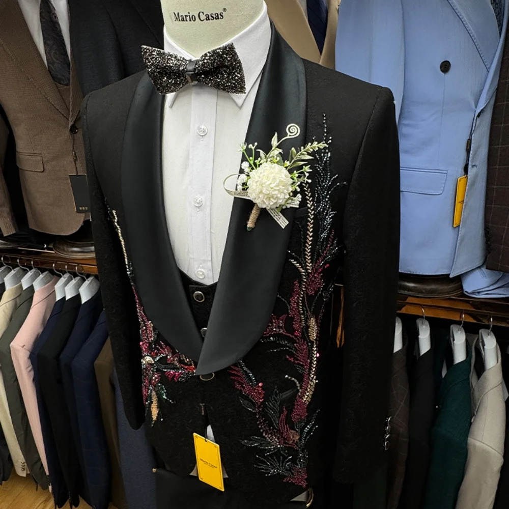 الفاخرة زين الرجال البدلة مجموعة 3 قطعة لحفل الزفاف الكلاسيكية كريستال العريس البدلة بدلة الحفلات بليزرات السراويل بدلة رجالية رائعة