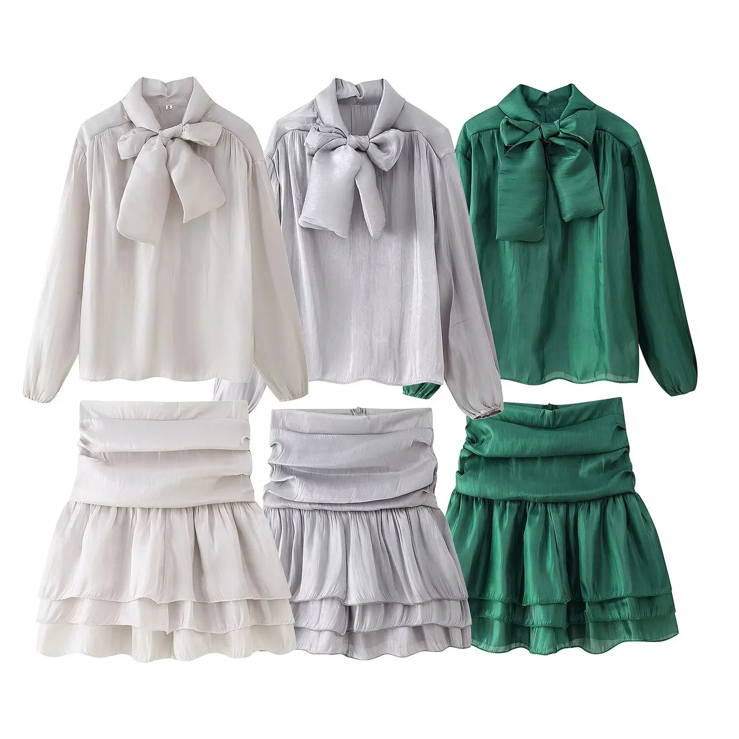 

European and American style 2025 new temperament leisure suit bow tie long-sleeved shirt with high waist cake skirt