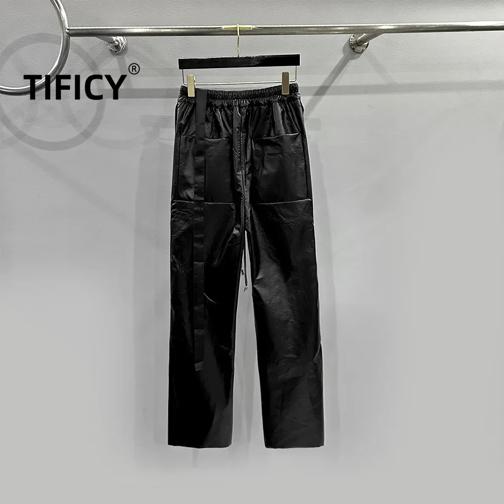 TIFICY High Street Fashion Pants Men's Personalized Dark Style High Street Buckle Design with Glossy Coated Leather Casual Pants