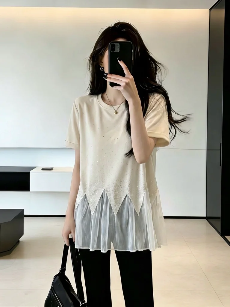 Elegant Short Sleeve T-Shirt Women's Summer New plus Size Fat MM Chiffon Hem Trendy Top Glitter Diamond Shoulder Bore Style