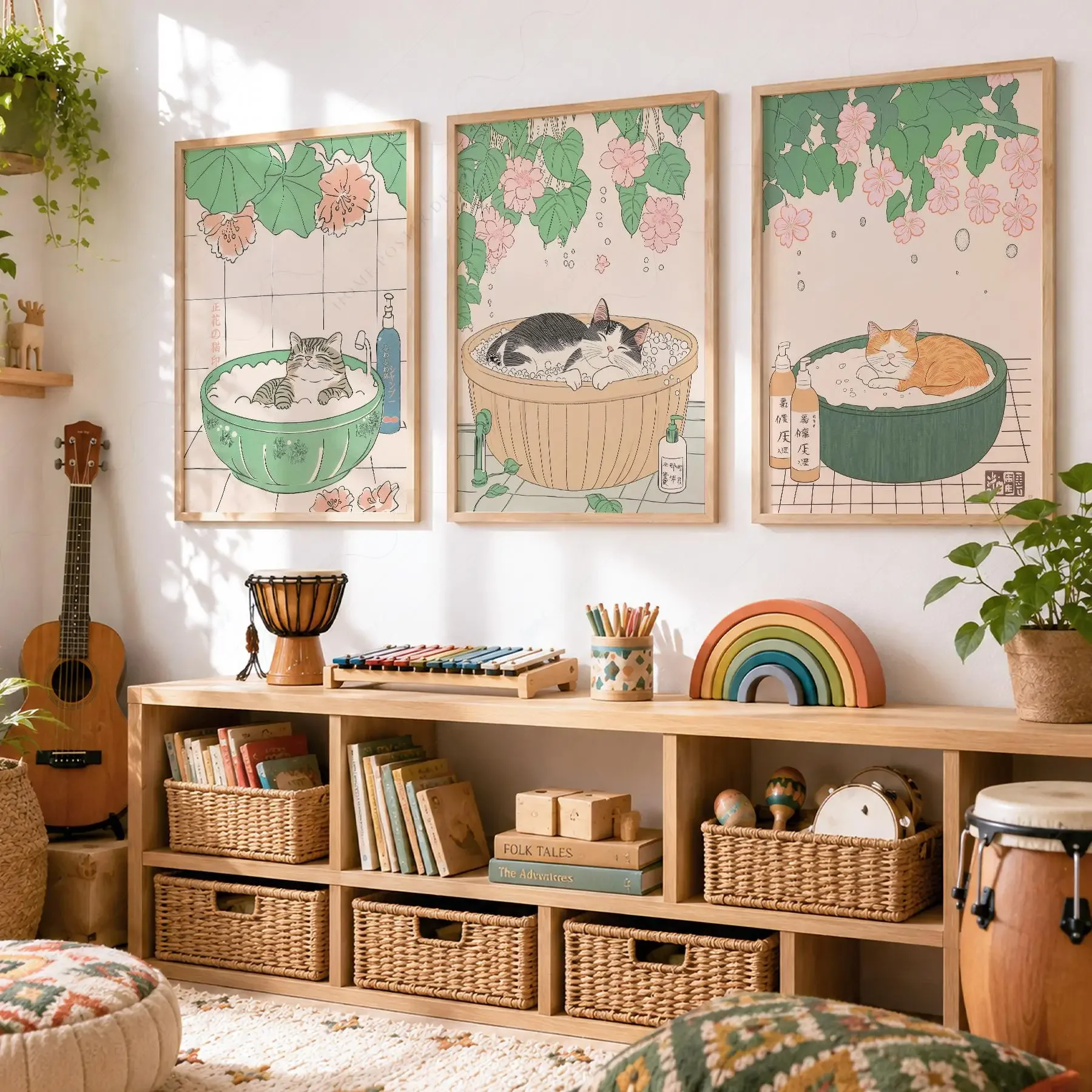 3PCS Large-sized frameless canvas paintings,3Pcs Cute Bathing Cat Wall Art, Japanese Ukiyo-e Floral Lotus Kitty Bubble Tub Canva