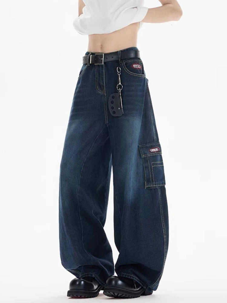 Calça Jeans Retrô Multibolsos Estilo  Must Bend Knife Casual de Perna Larga Hip Hop Lavada Workwear para Homens e Mulheres...