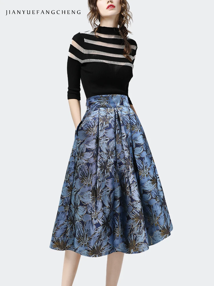 Pleated Blue Jacquard Skirt Women High Waist A-Line Midi Skirts 2021 Autumn New Vintage Elegant Plus Size Female Casual Bottoms